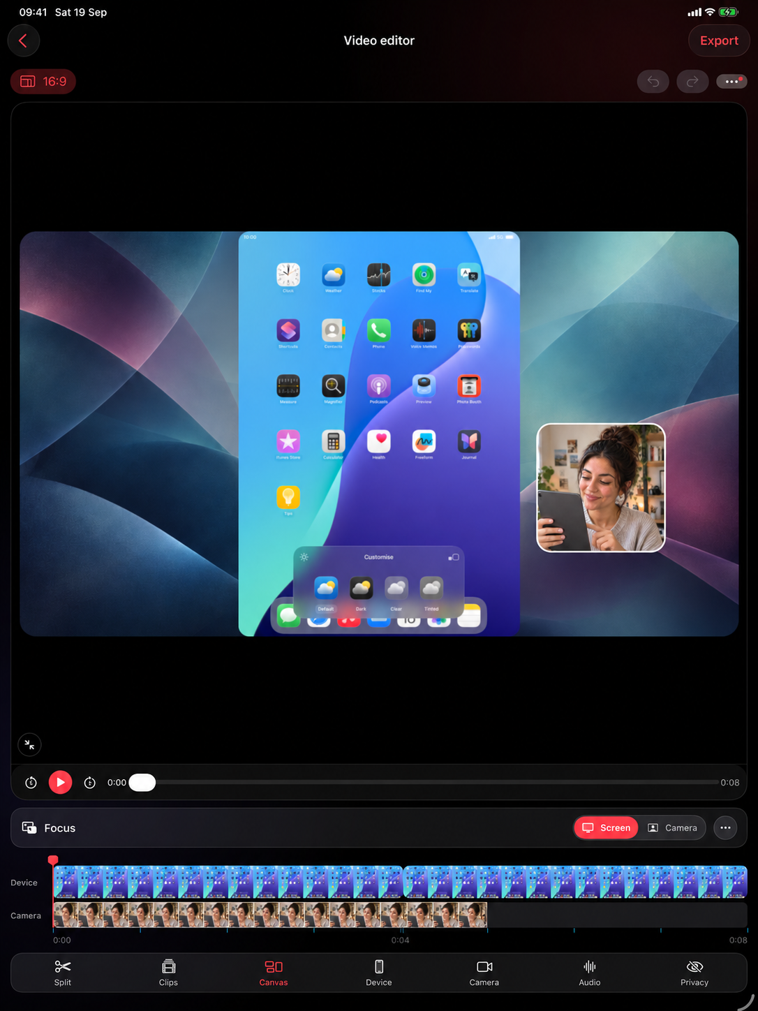 ScreenDuo iPad editor showing the screen and camera arranged on a presentation canvas.