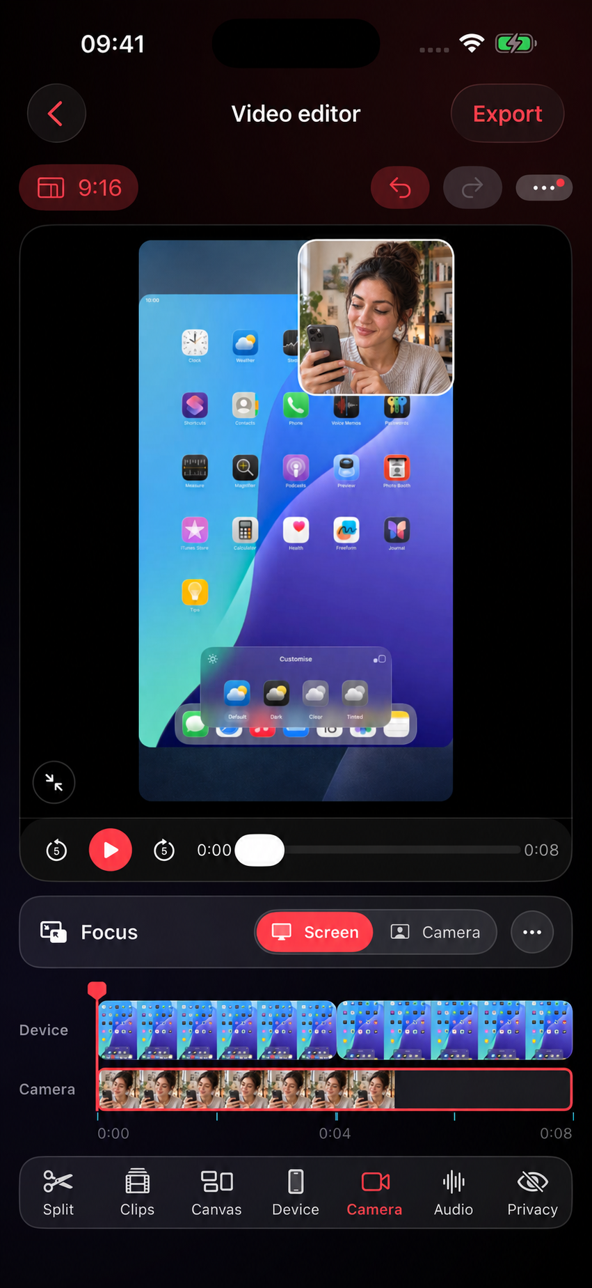 ScreenDuo iPhone editor with separate screen and camera clips available to edit.
